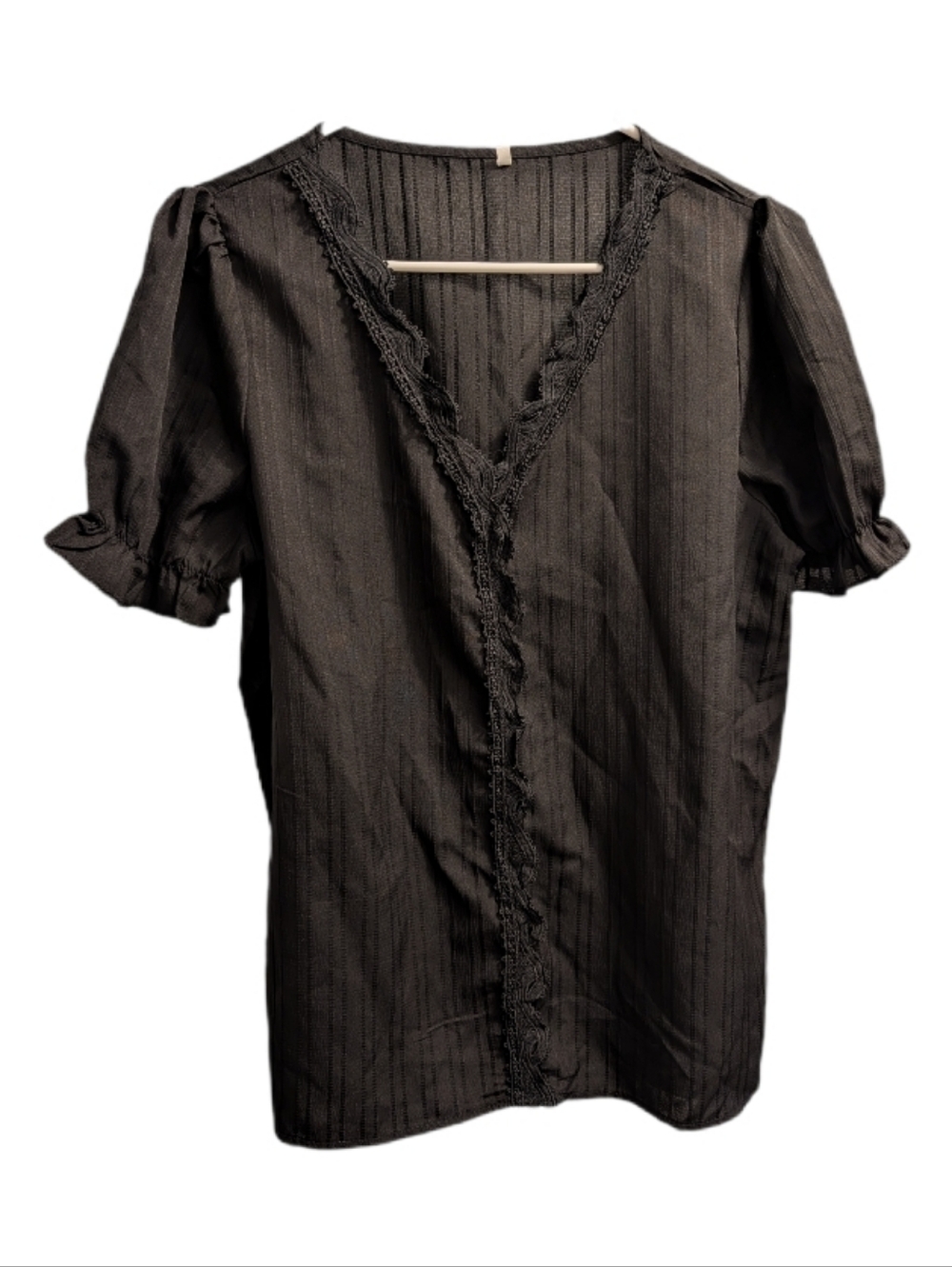 💥 Black V-Neck with Lace Trim Short Sleeve Top L